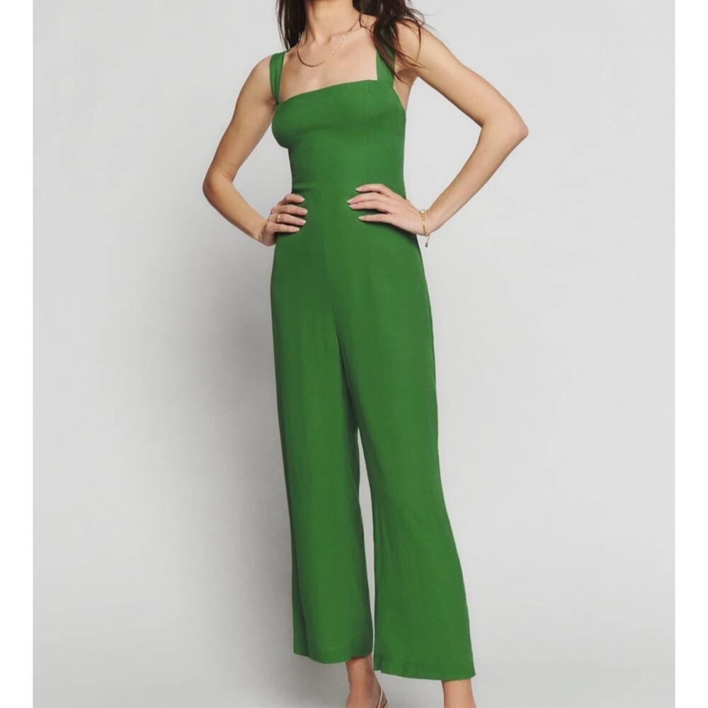 Reformation Alva Kelly Green Wide Leg Jumpsuit Smocked Waist Strappy Summer 8